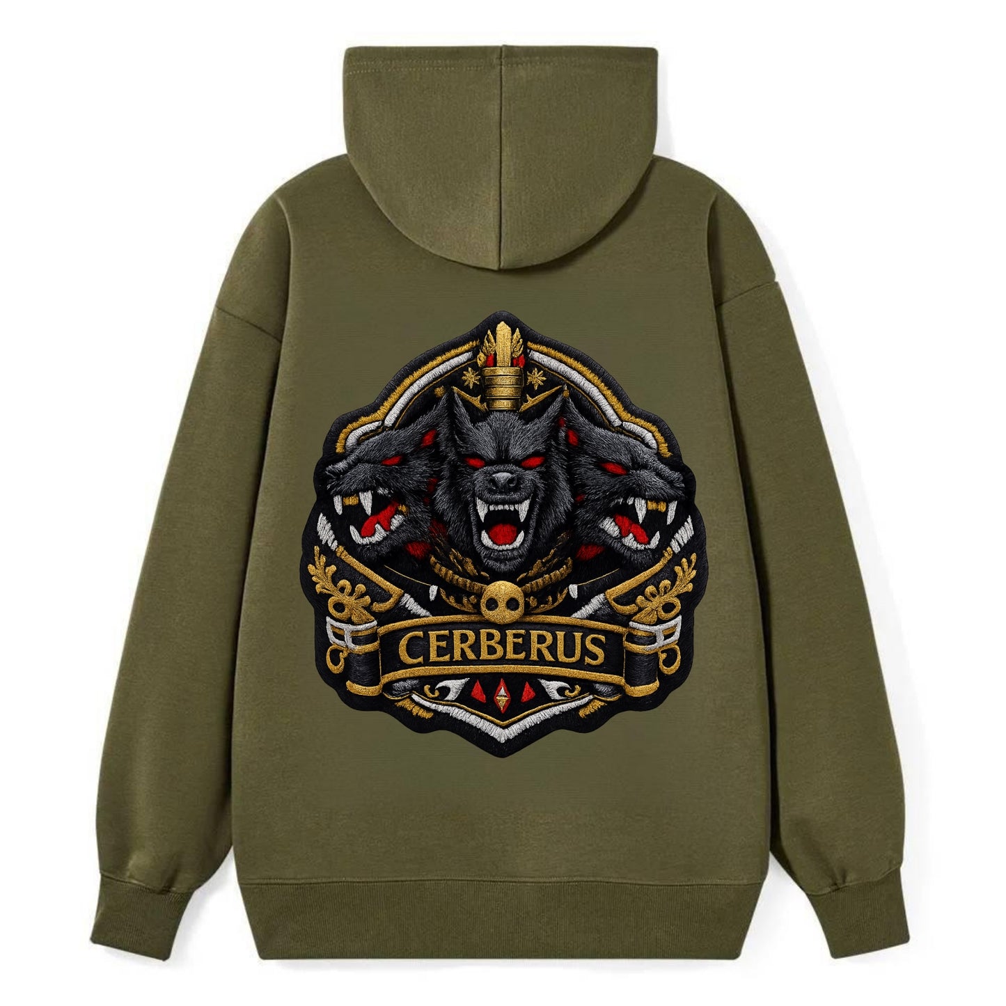 CERBERUS THREE HEADS - triple hound in black and red , underworld - Classic Pullover Hoodie - ArmyGreen