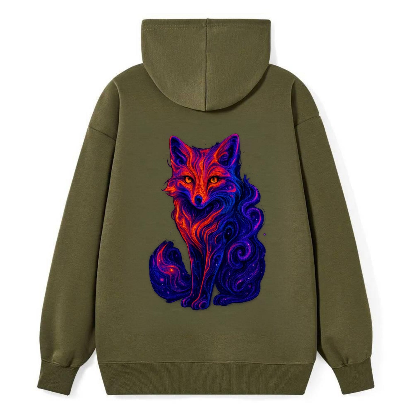 Clever fox with tail dissolving into cosmic nebula swirls, orange to - Classic Pullover Hoodie - ArmyGreen