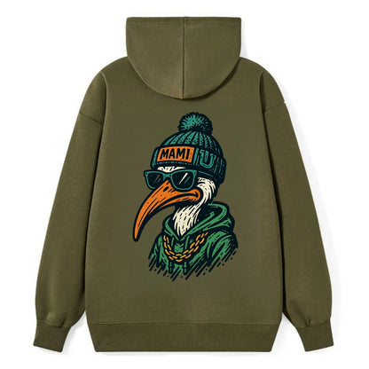 Coral Gables Ibis wearing Miami beanie with U patch - Classic Pullover Hoodie - ArmyGreen
