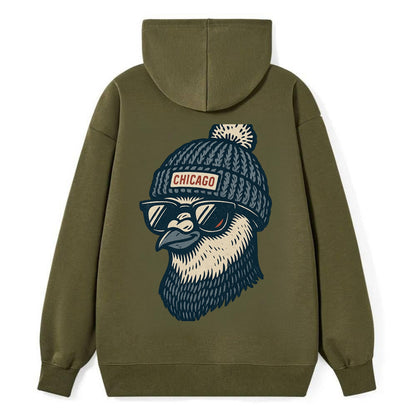 Chicago Pigeon wearing Chicago beanie with pom pom and wayfarer sunglasses - Classic Pullover Hoodie - ArmyGreen