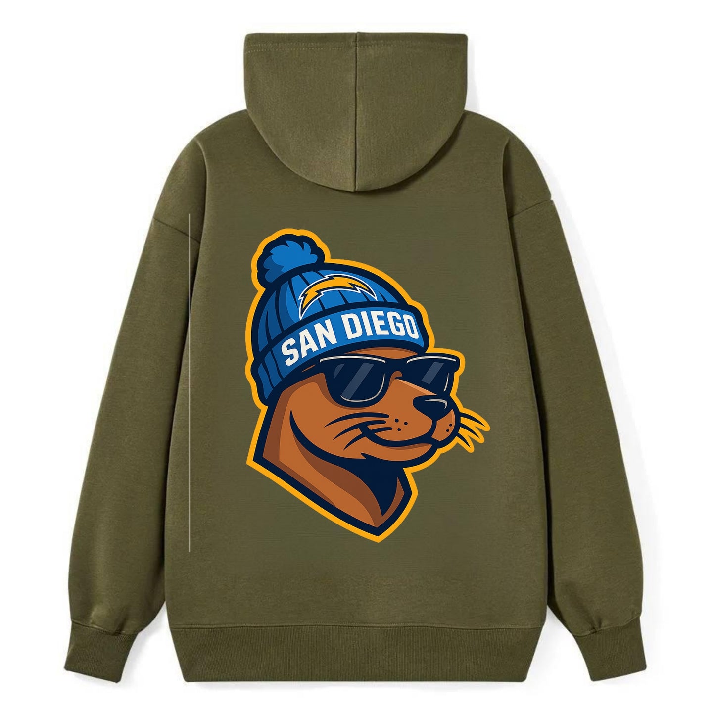 San Diego Sea Lion wearing Chargers beanie with bolt patch and wayfarer - Classic Pullover Hoodie - ArmyGreen