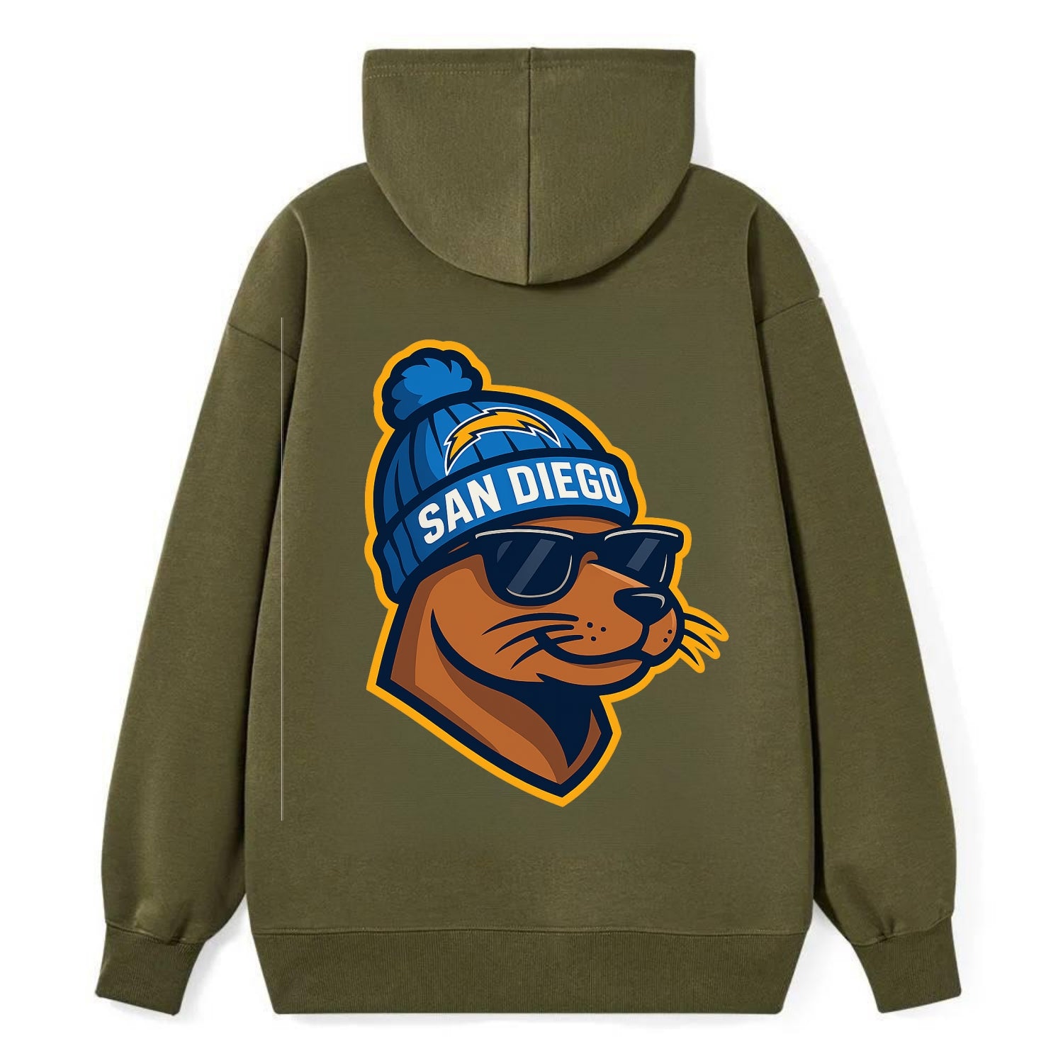 San Diego Sea Lion wearing Chargers beanie with bolt patch and wayfarer - Classic Pullover Hoodie - ArmyGreen