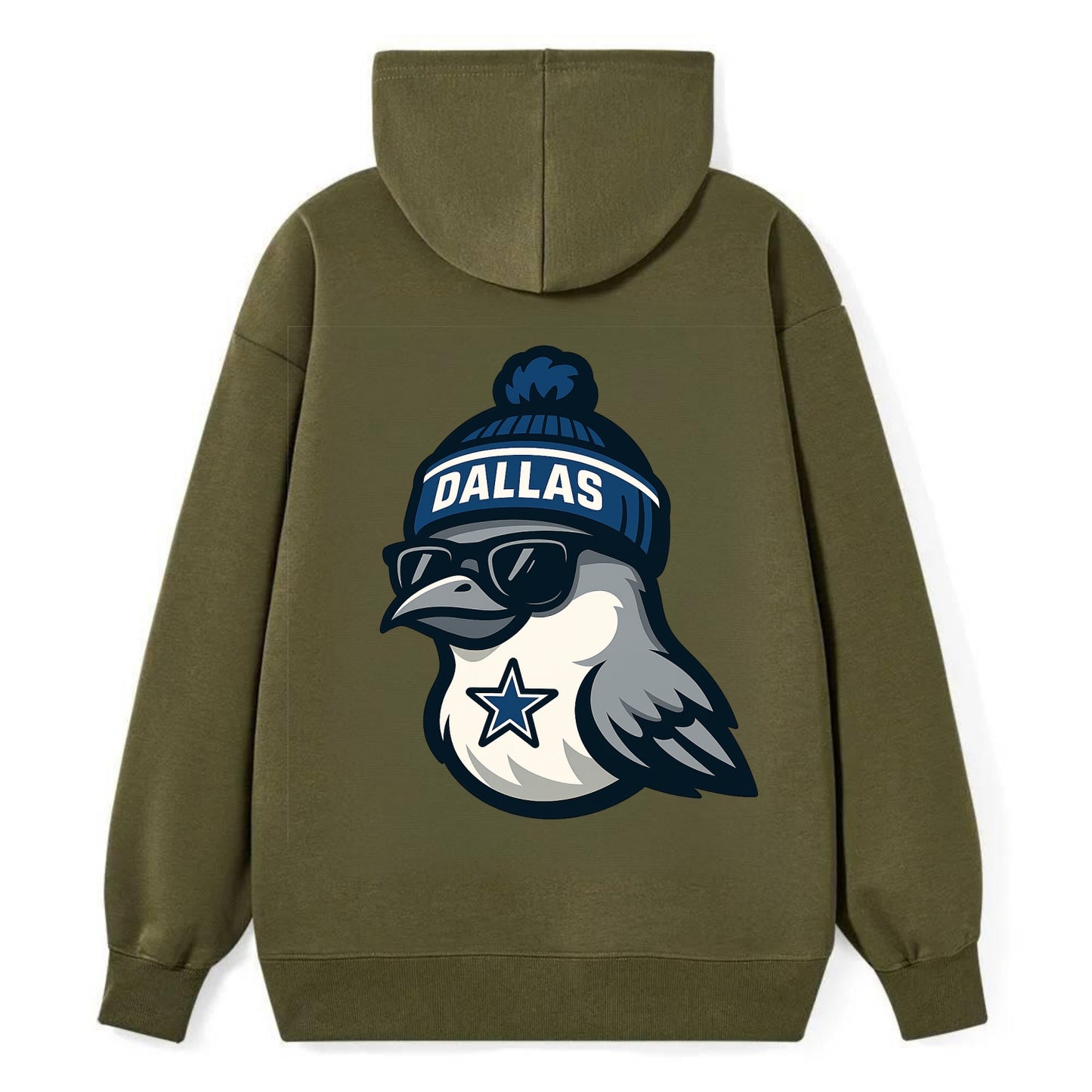 Dallas Mockingbird wearing Cowboys beanie with sheriff star and wayfarer - Classic Pullover Hoodie - ArmyGreen