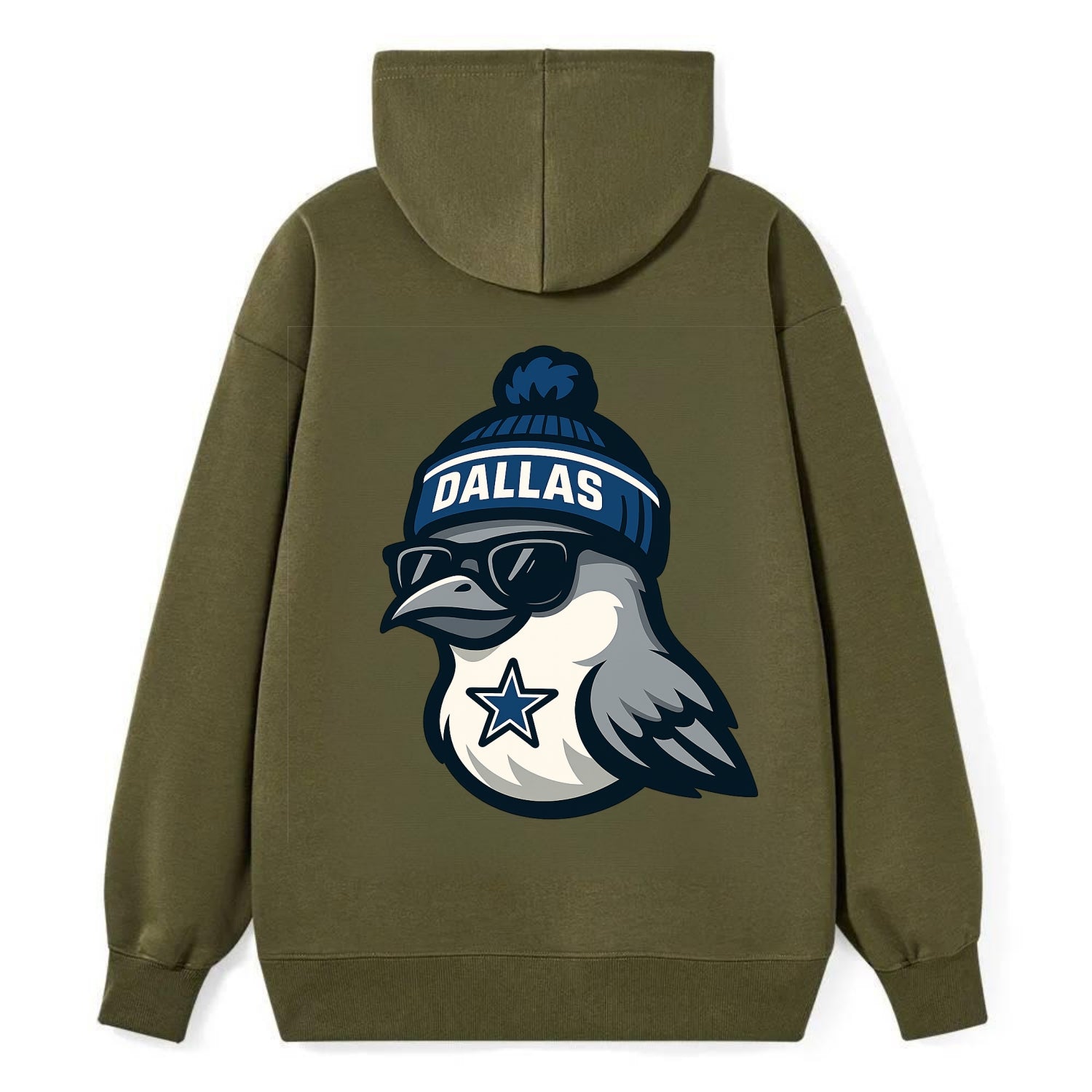 Dallas Mockingbird wearing Cowboys beanie with sheriff star and wayfarer - Classic Pullover Hoodie - ArmyGreen