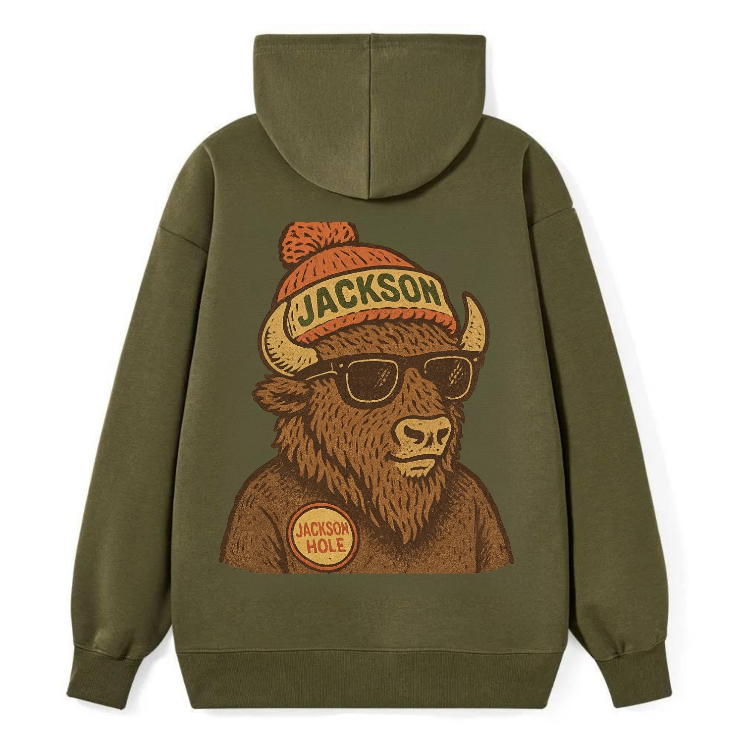 Jackson Hole Bison wearing Jackson beanie with pom pom and wayfarer - Classic Pullover Hoodie - ArmyGreen