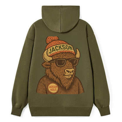 Jackson Hole Bison wearing Jackson beanie with pom pom and wayfarer - Classic Pullover Hoodie - ArmyGreen