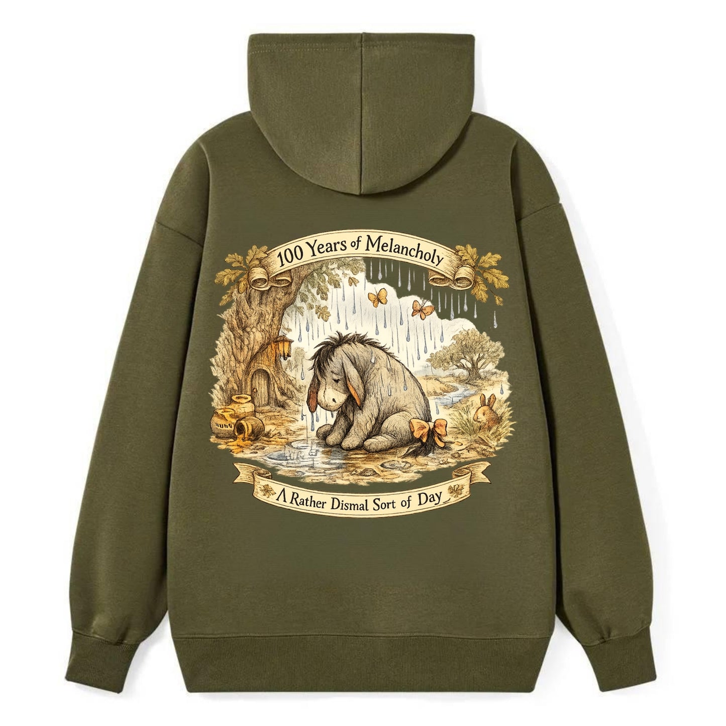 GLOOMY GLEN | Droopy figure in rain | Tattered tail bow | Pessimistic - Classic Pullover Hoodie - ArmyGreen