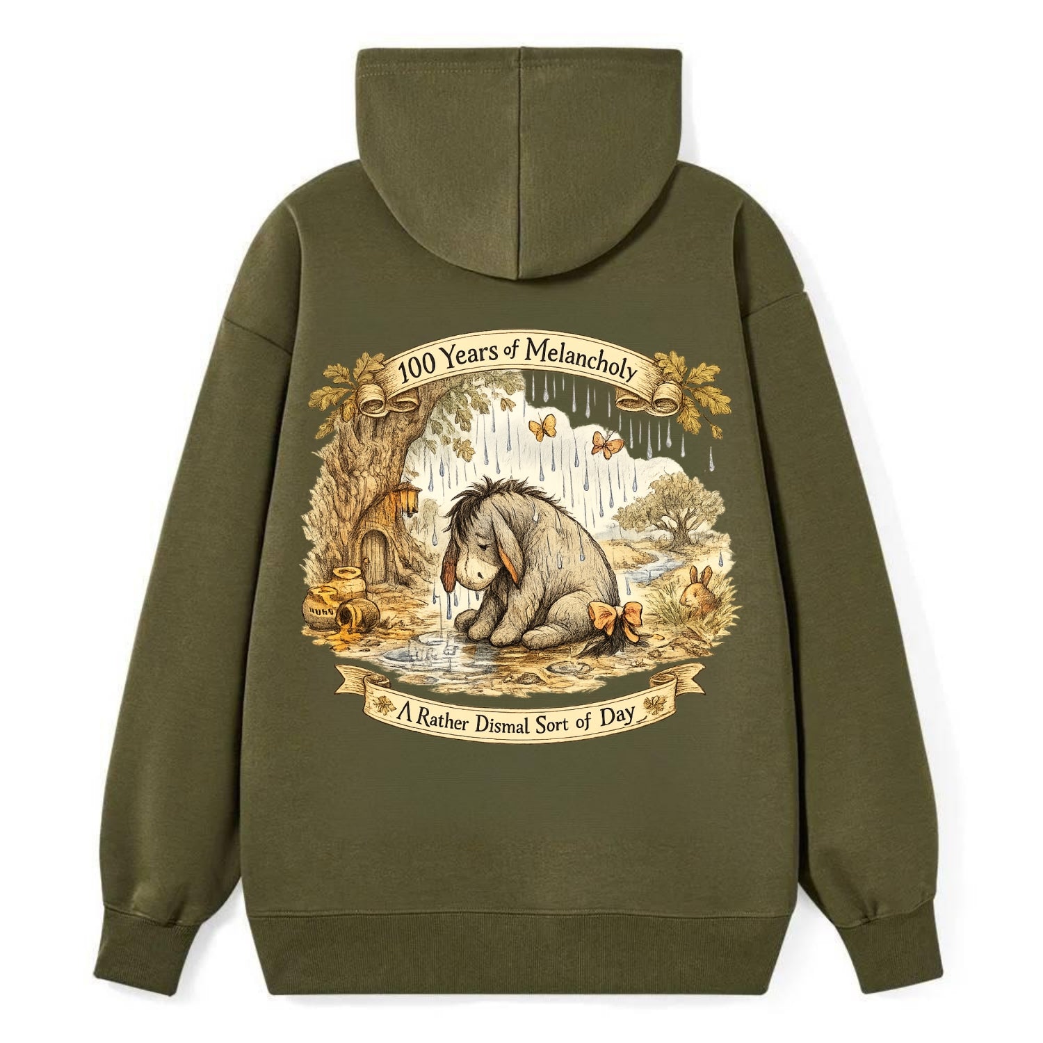 GLOOMY GLEN | Droopy figure in rain | Tattered tail bow | Pessimistic - Classic Pullover Hoodie - ArmyGreen