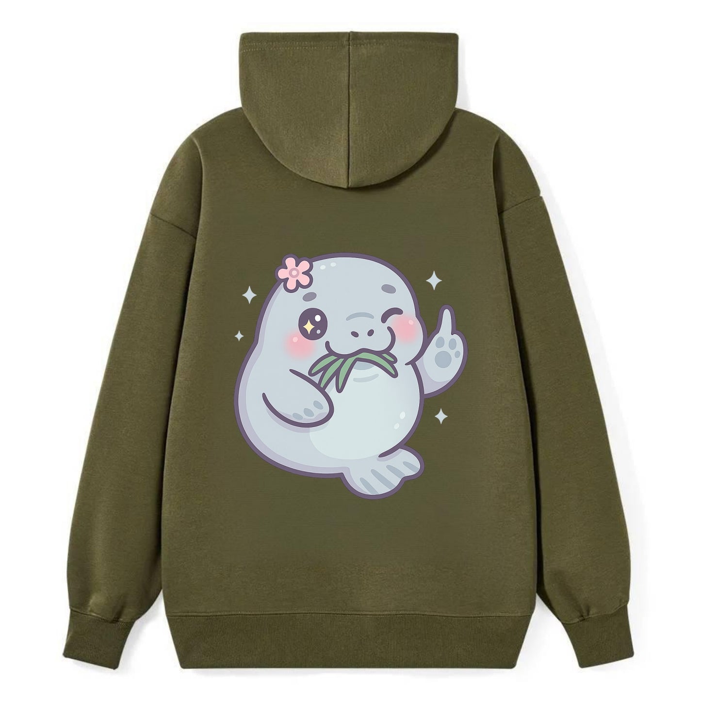 chubby manatee munching on seagrass, one flipper raised with sass - Classic Pullover Hoodie - ArmyGreen