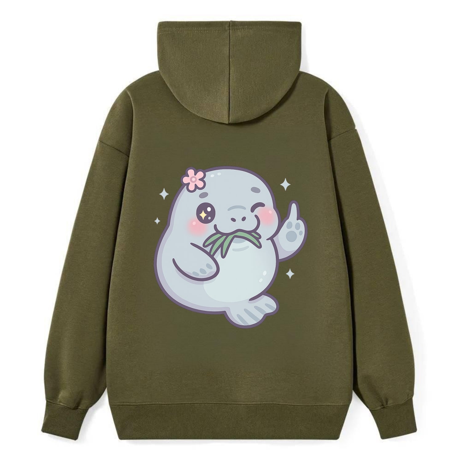 chubby manatee munching on seagrass, one flipper raised with sass - Classic Pullover Hoodie - ArmyGreen