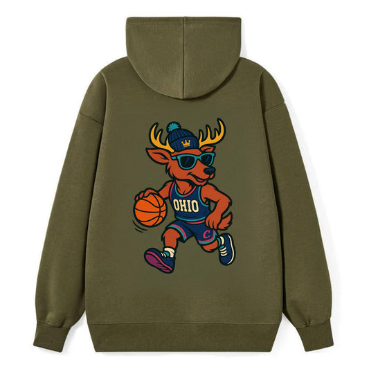 Ohio Deer wearing Cavs beanie with crown patch and wayfarer sunglasses - Classic Pullover Hoodie - ArmyGreen
