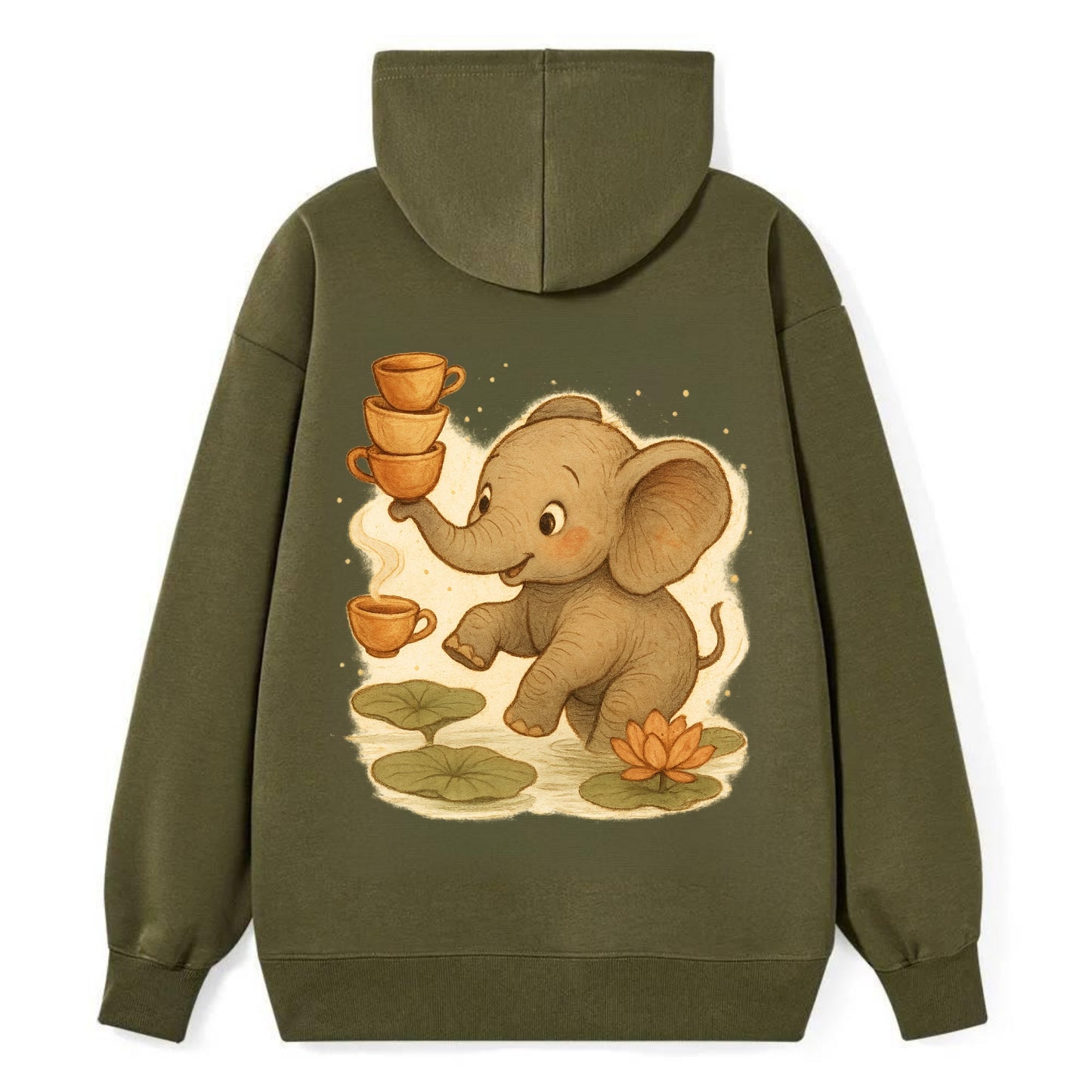 Elephant balancing teacups during a floating tea ceremony beside lotus - Classic Pullover Hoodie - ArmyGreen