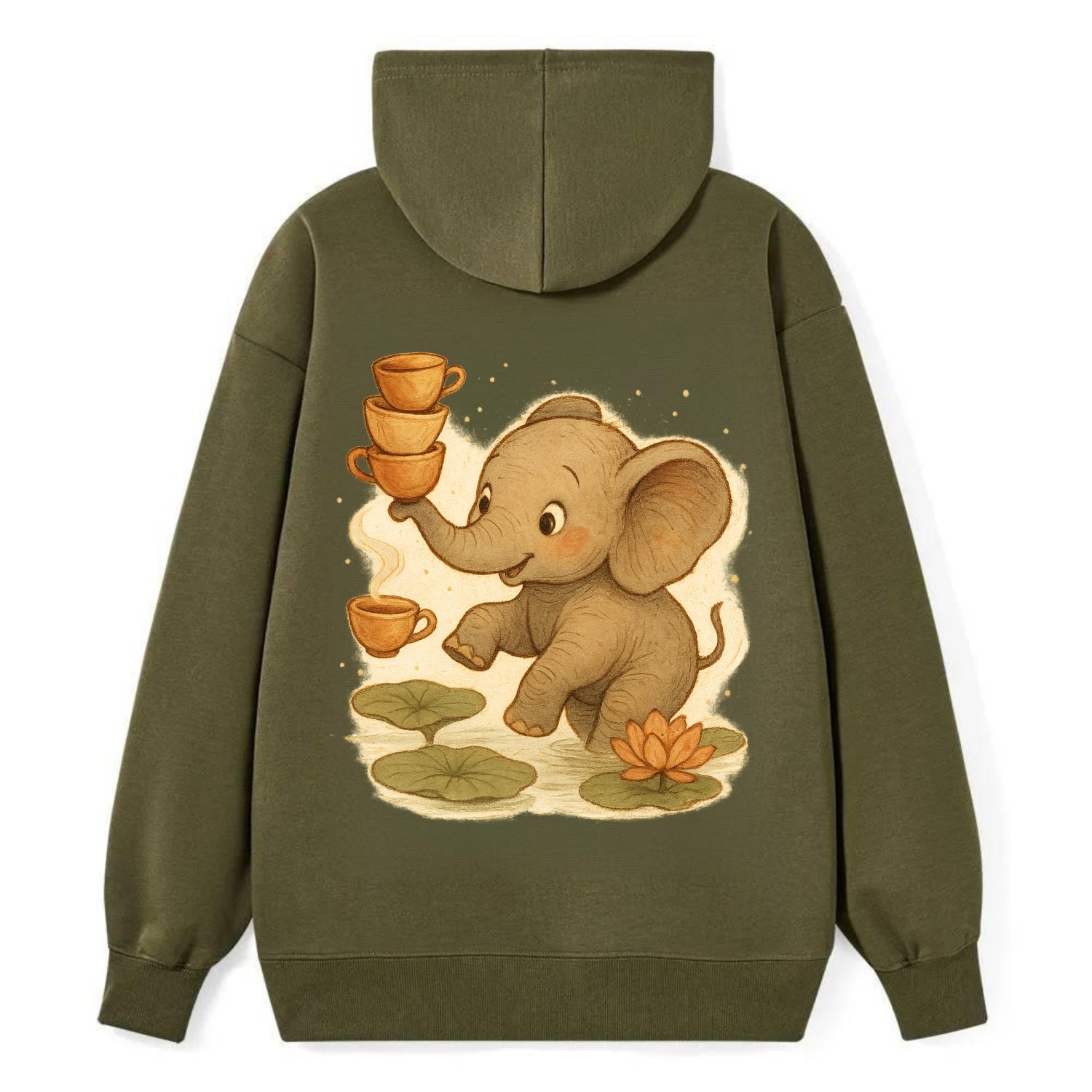 Elephant balancing teacups during a floating tea ceremony beside lotus - Classic Pullover Hoodie - ArmyGreen