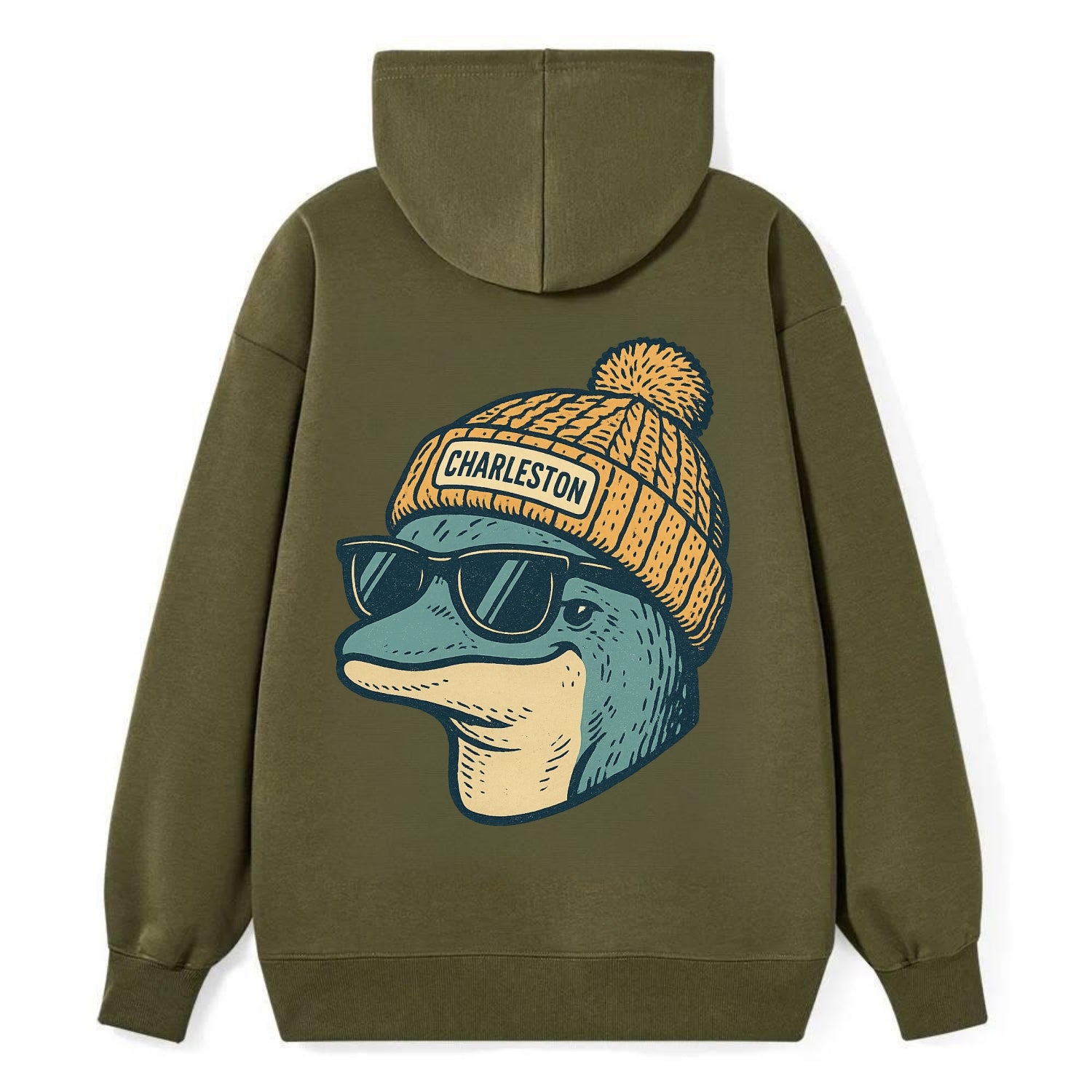 Charleston Dolphin wearing Charleston beanie with pom pom and wayfarer - Classic Pullover Hoodie - ArmyGreen