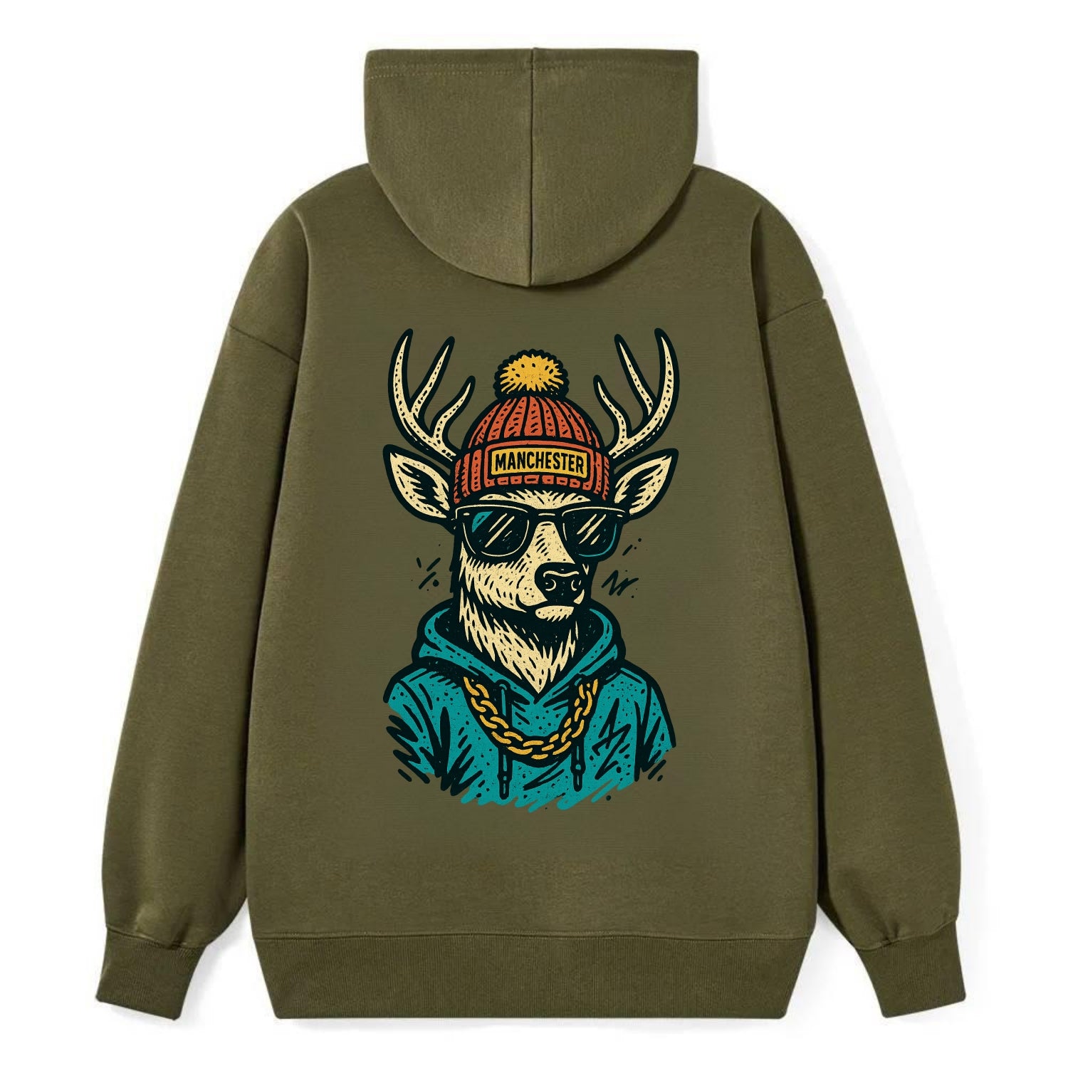 New Hampshire White-tailed Deer wearing Manchester beanie with pom pom - Classic Pullover Hoodie - ArmyGreen