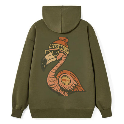 Miami Flamingo wearing Miami beanie with pom pom and wayfarer sunglasses - Classic Pullover Hoodie - ArmyGreen