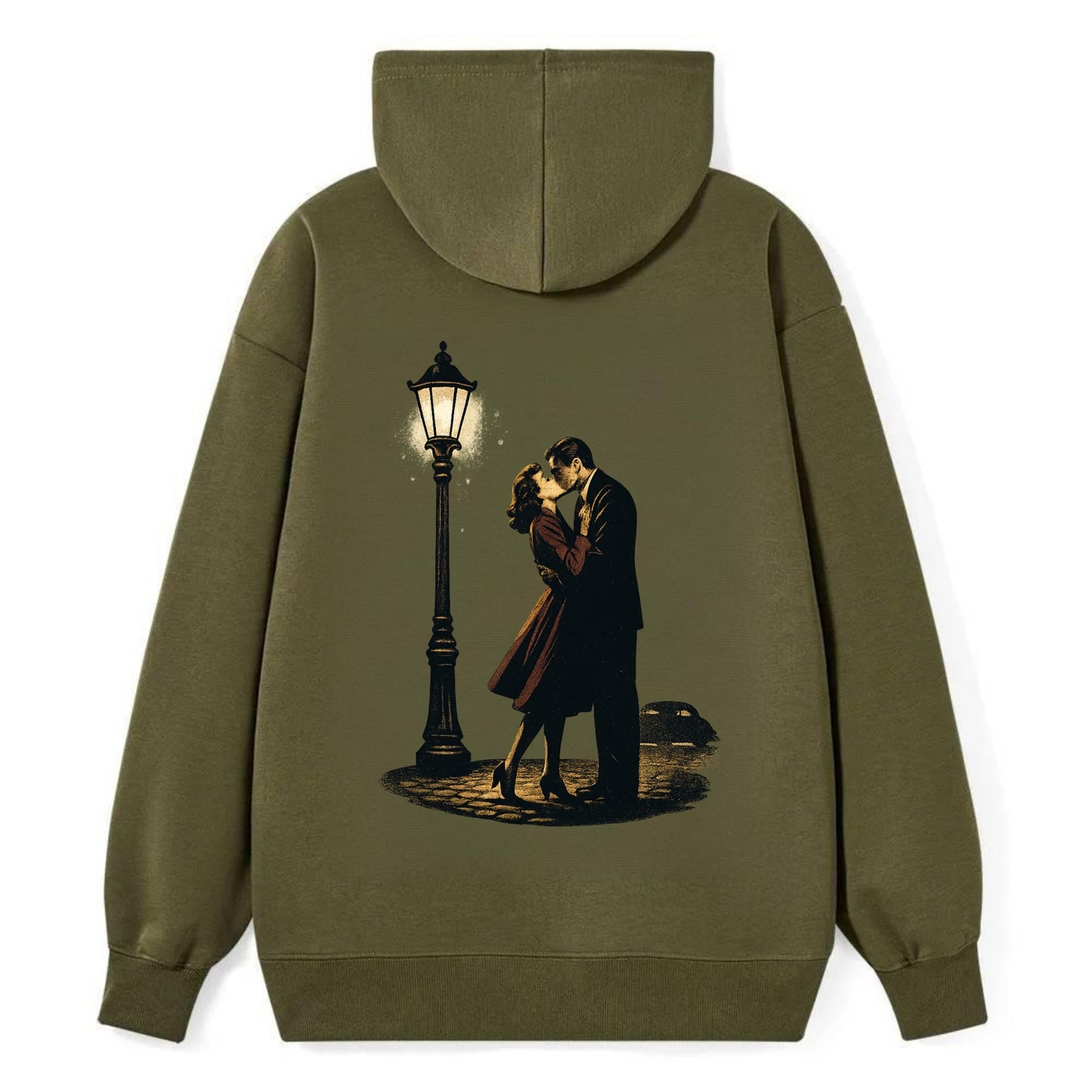 first kiss under vintage street lamp on cobblestone at night - Classic Pullover Hoodie - ArmyGreen