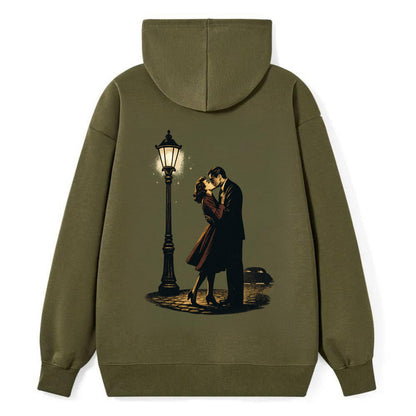 first kiss under vintage street lamp on cobblestone at night - Classic Pullover Hoodie - ArmyGreen