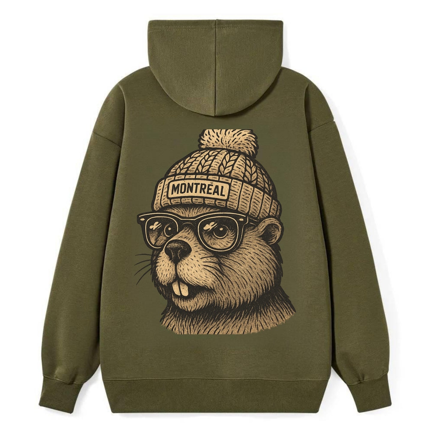 Montreal Beaver wearing Montreal beanie with pom pom and wayfarer - Classic Pullover Hoodie - ArmyGreen