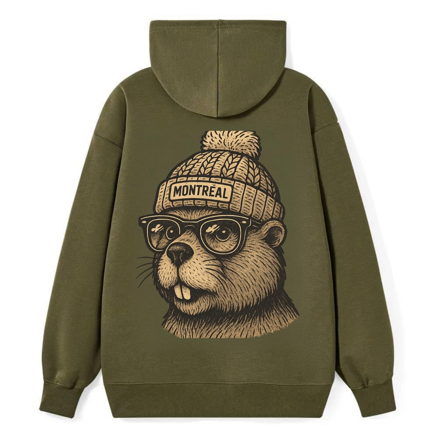 Montreal Beaver wearing Montreal beanie with pom pom and wayfarer - Classic Pullover Hoodie - ArmyGreen