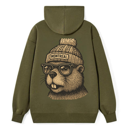 Montreal Beaver wearing Montreal beanie with pom pom and wayfarer - Classic Pullover Hoodie - ArmyGreen