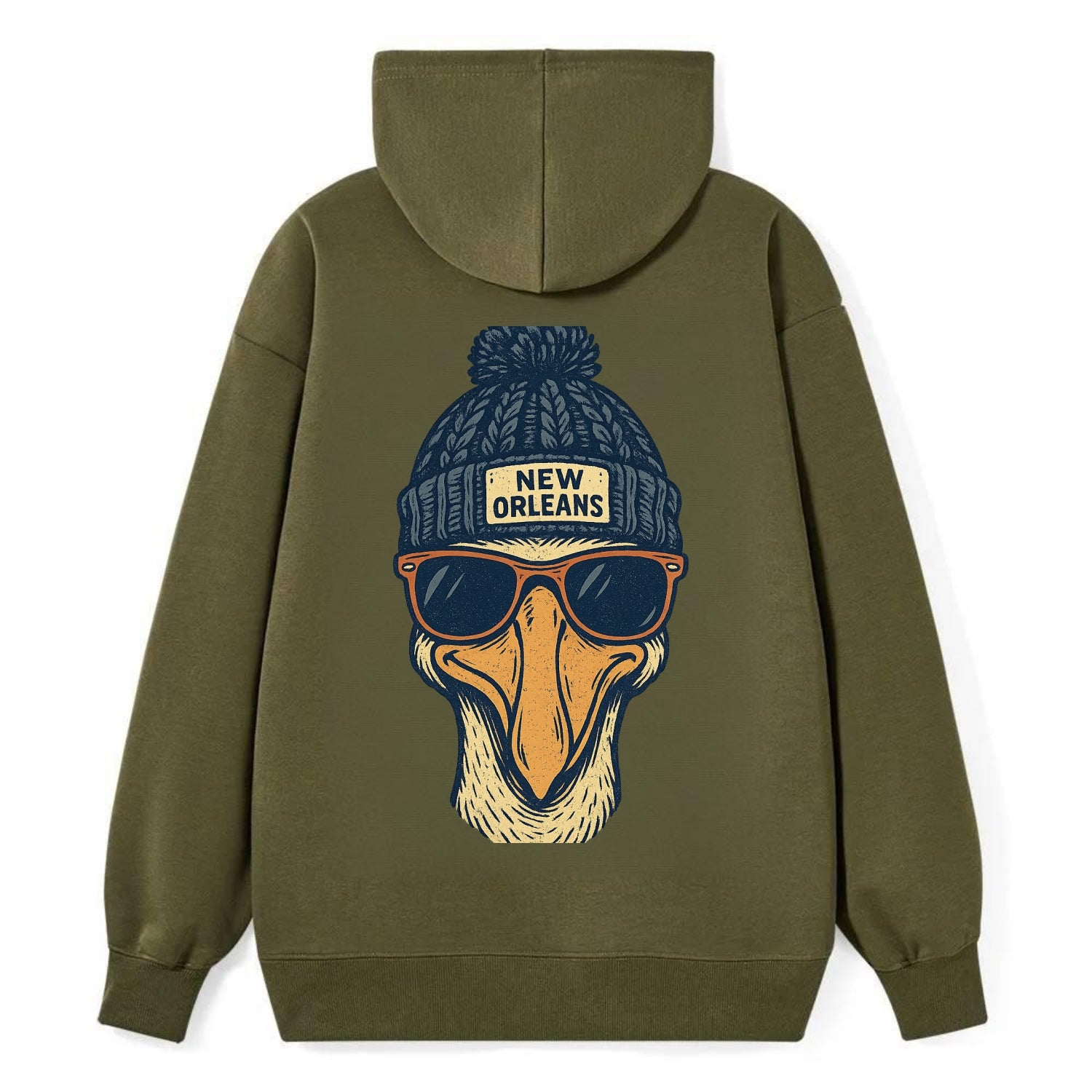 New Orleans Pelican wearing New Orleans beanie with pom pom and wayfarer - Classic Pullover Hoodie - ArmyGreen
