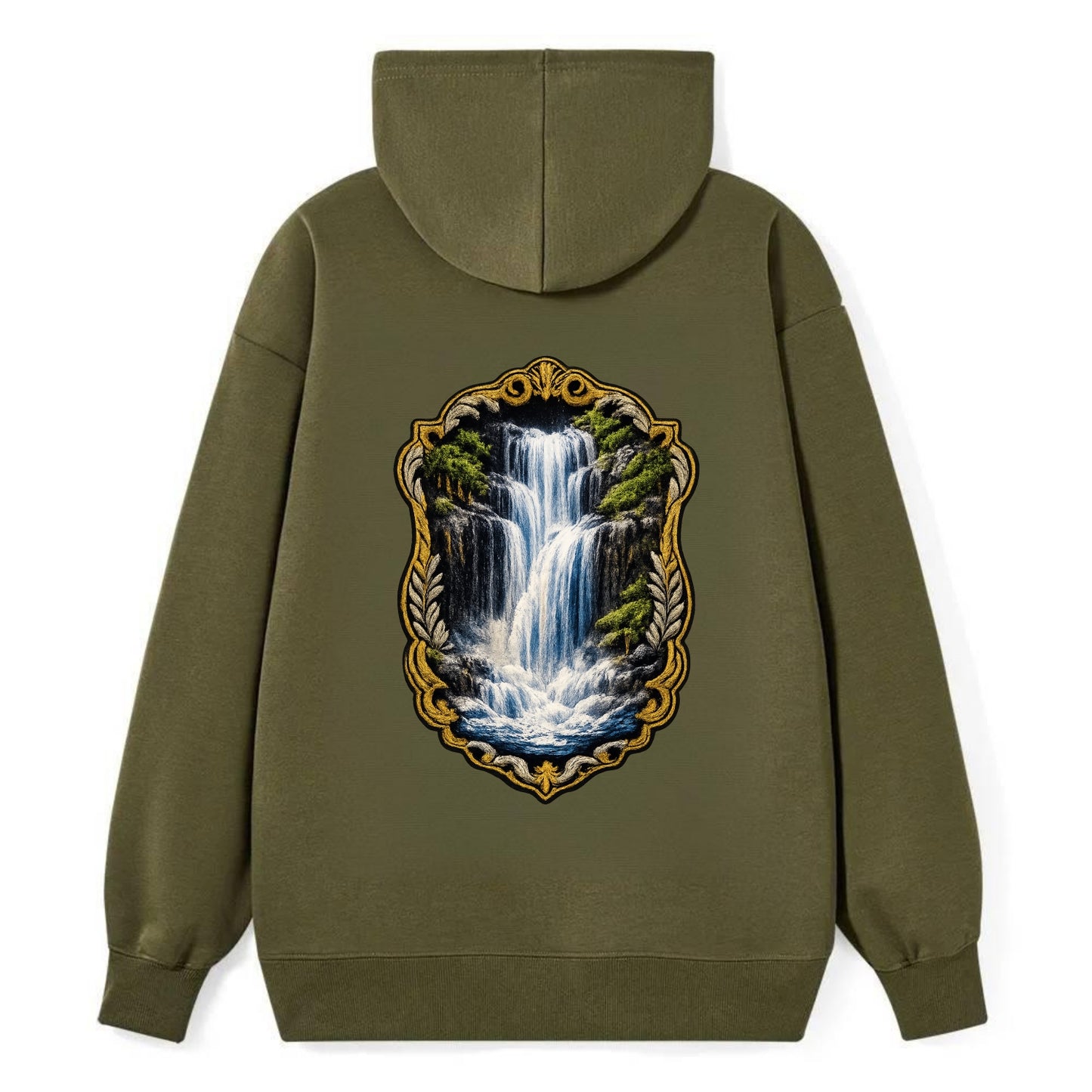 WATERFALL CASCADE - falling water with mist in blue and white , nature - Classic Pullover Hoodie - ArmyGreen
