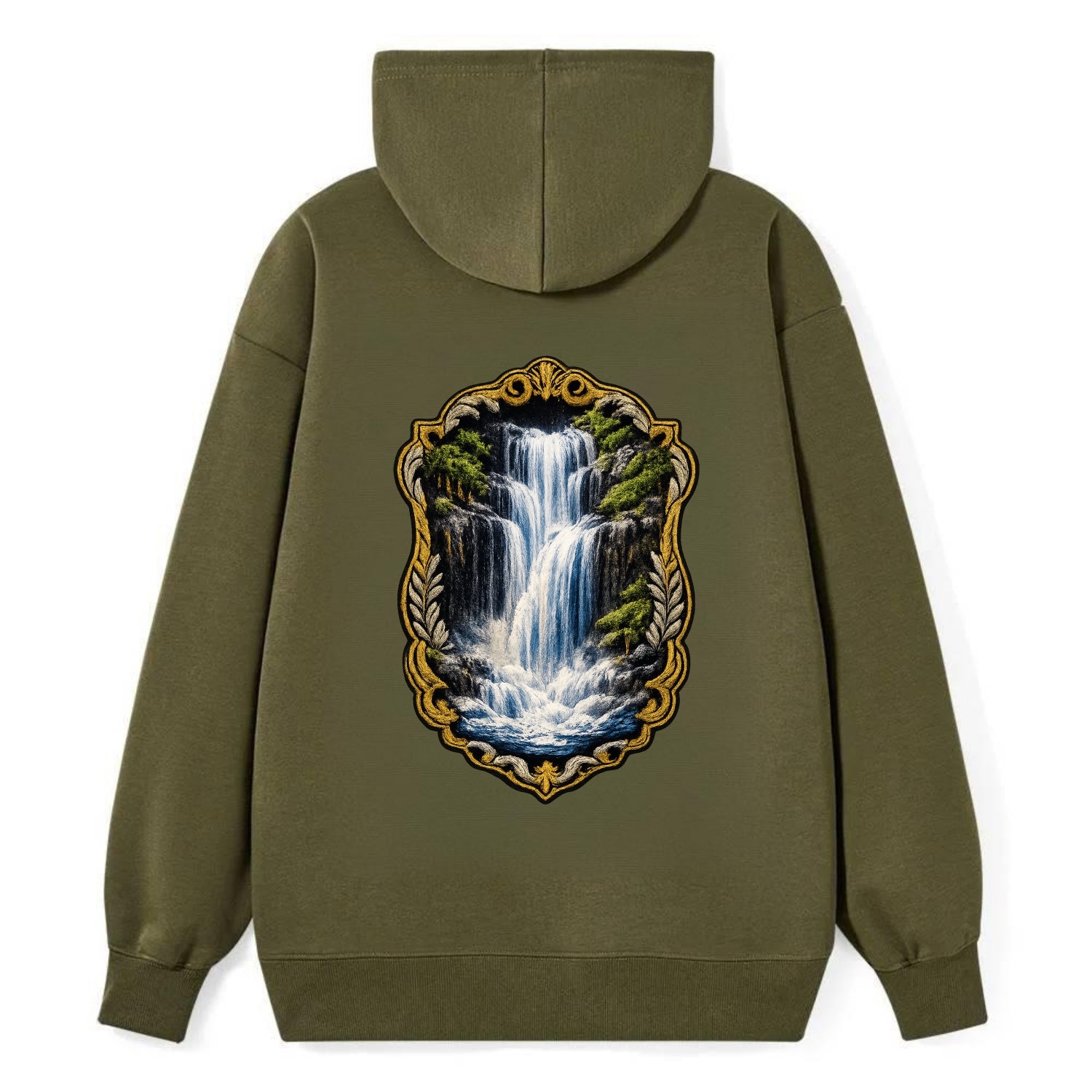 WATERFALL CASCADE - falling water with mist in blue and white , nature - Classic Pullover Hoodie - ArmyGreen