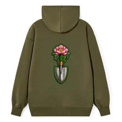 Embroidered patch design - GARDENING TROWEL FLOWER - garden tool with - Classic Pullover Hoodie - ArmyGreen