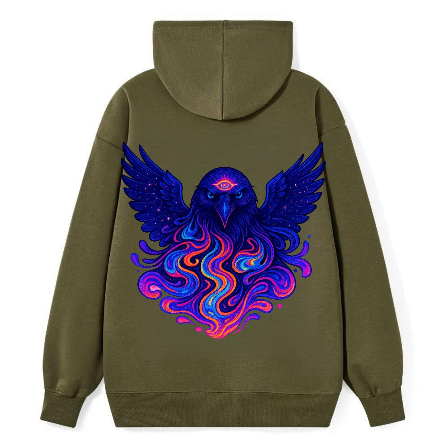 Mysterious raven with feathers showing future visions in neon colors, - Classic Pullover Hoodie - ArmyGreen