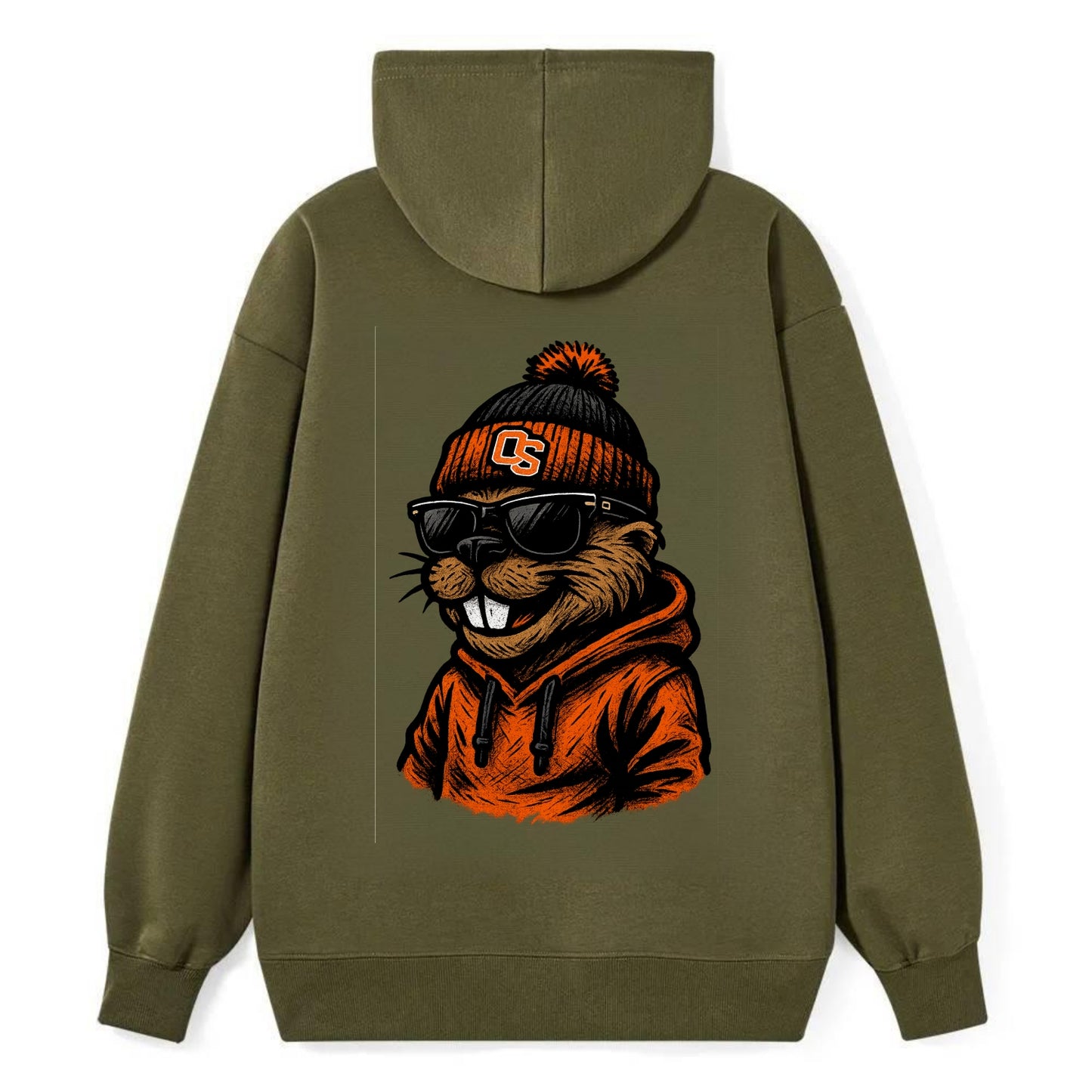 Corvallis Beaver wearing Oregon State beanie with OS patch - Classic Pullover Hoodie - ArmyGreen