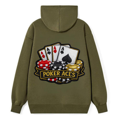Embroidered patch design - POKER ACES - four aces with chips in red, - Classic Pullover Hoodie - ArmyGreen