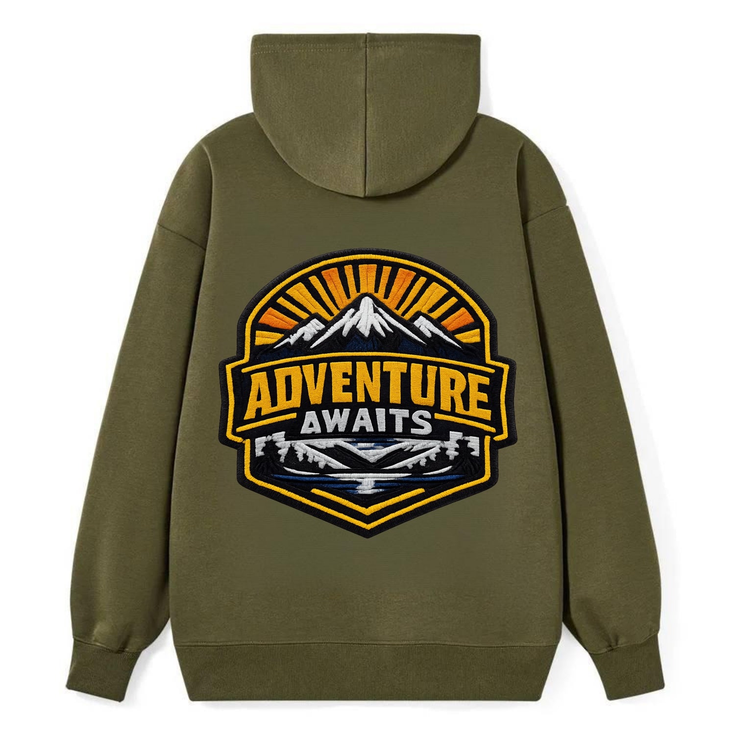 ADVENTURE AWAITS - mountain sunrise with text in gold and blue , - Classic Pullover Hoodie - ArmyGreen