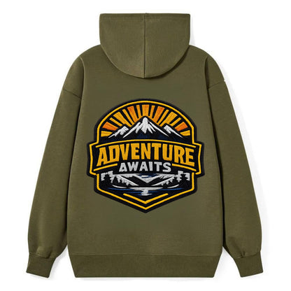 ADVENTURE AWAITS - mountain sunrise with text in gold and blue , - Classic Pullover Hoodie - ArmyGreen