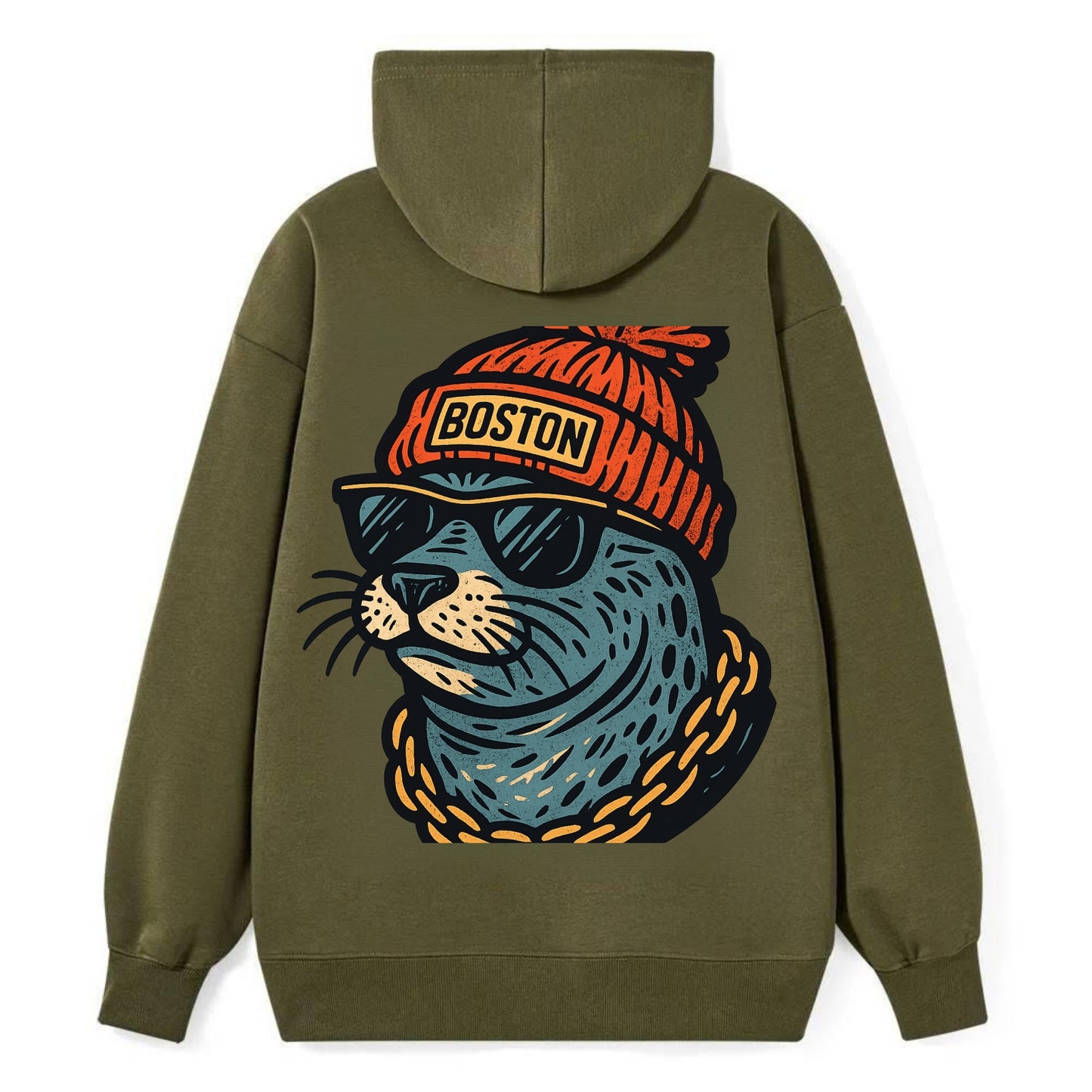 Boston Harbor Seal wearing Boston beanie with pom pom and wayfarer - Classic Pullover Hoodie - ArmyGreen