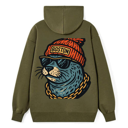 Boston Harbor Seal wearing Boston beanie with pom pom and wayfarer - Classic Pullover Hoodie - ArmyGreen