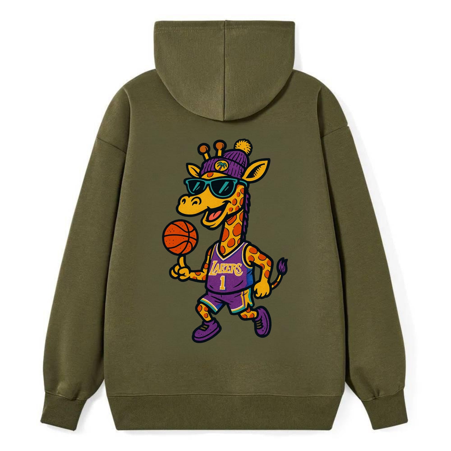 California Giraffe wearing Lakers beanie with palm tree patch and - Classic Pullover Hoodie - ArmyGreen