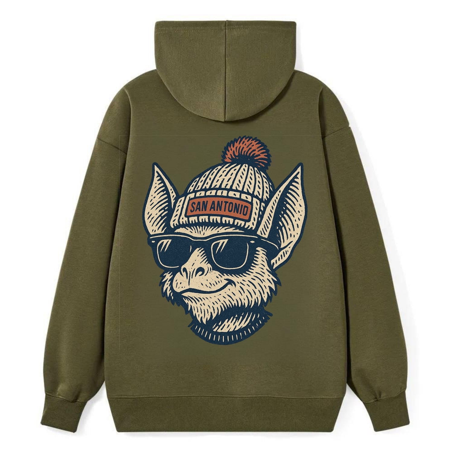 San Antonio Bat wearing San Antonio beanie with pom pom and wayfarer - Classic Pullover Hoodie - ArmyGreen