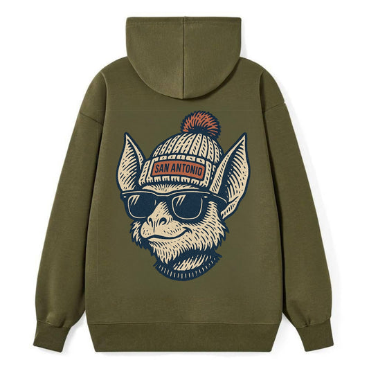 San Antonio Bat wearing San Antonio beanie with pom pom and wayfarer - Classic Pullover Hoodie - ArmyGreen