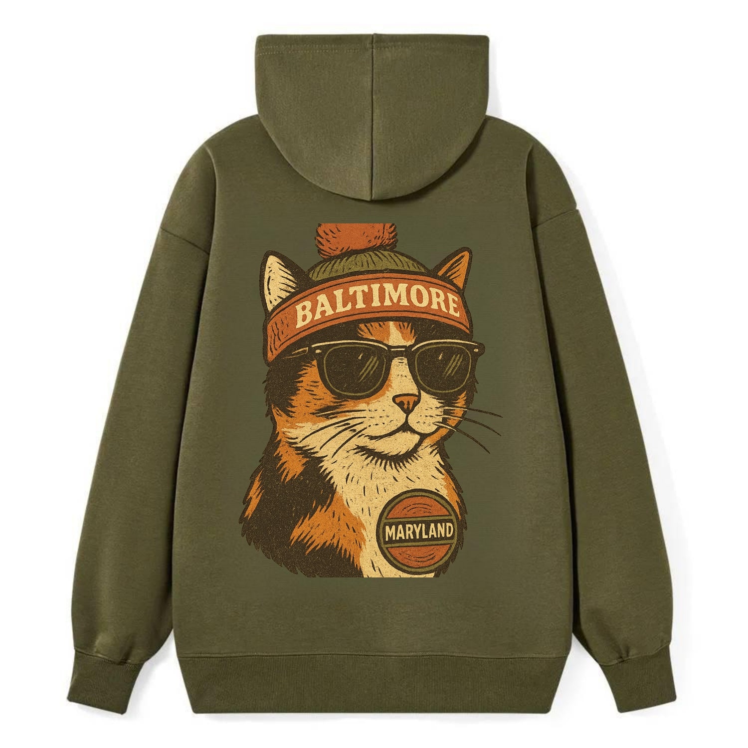 Maryland Calico Cat wearing Baltimore beanie with pom pom and wayfarer - Classic Pullover Hoodie - ArmyGreen