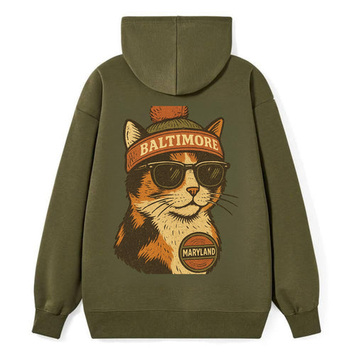 Maryland Calico Cat wearing Baltimore beanie with pom pom and wayfarer - Classic Pullover Hoodie
