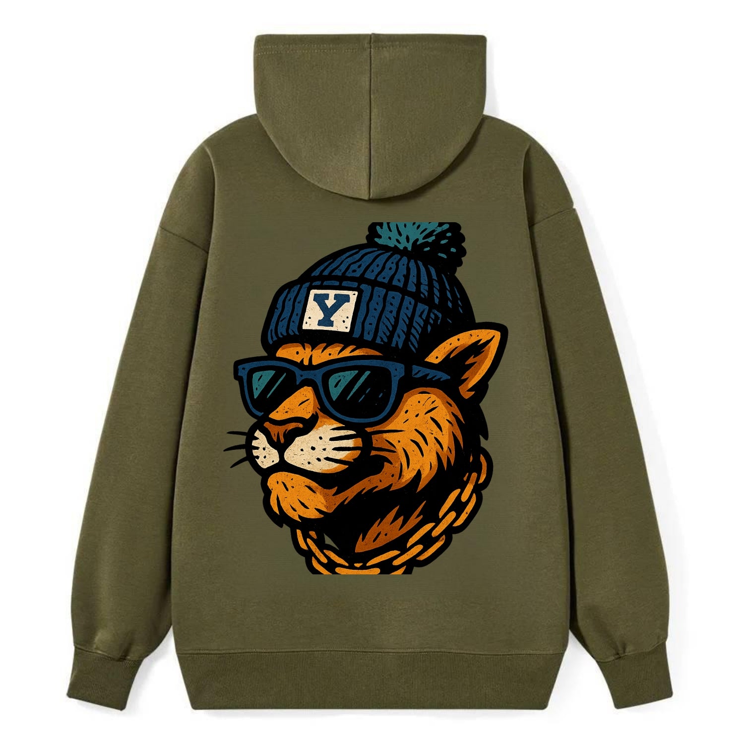 Provo Cougar wearing BYU beanie with Y patch - Classic Pullover Hoodie - ArmyGreen