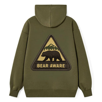 BEAR AWARE - bear silhouette warning in brown and yellow , wilderness - Classic Pullover Hoodie - ArmyGreen