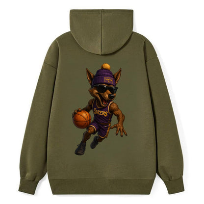 Hollywood Coyote wearing Lakers beanie with Showtime patch and wayfarer - Classic Pullover Hoodie - ArmyGreen