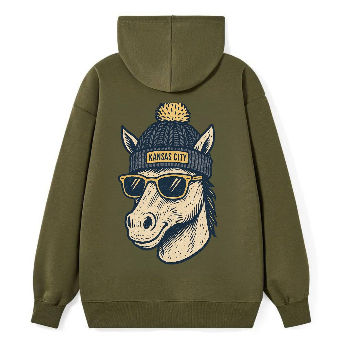 Missouri Mule wearing Kansas City beanie with pom pom and wayfarer - Classic Pullover Hoodie - ArmyGreen