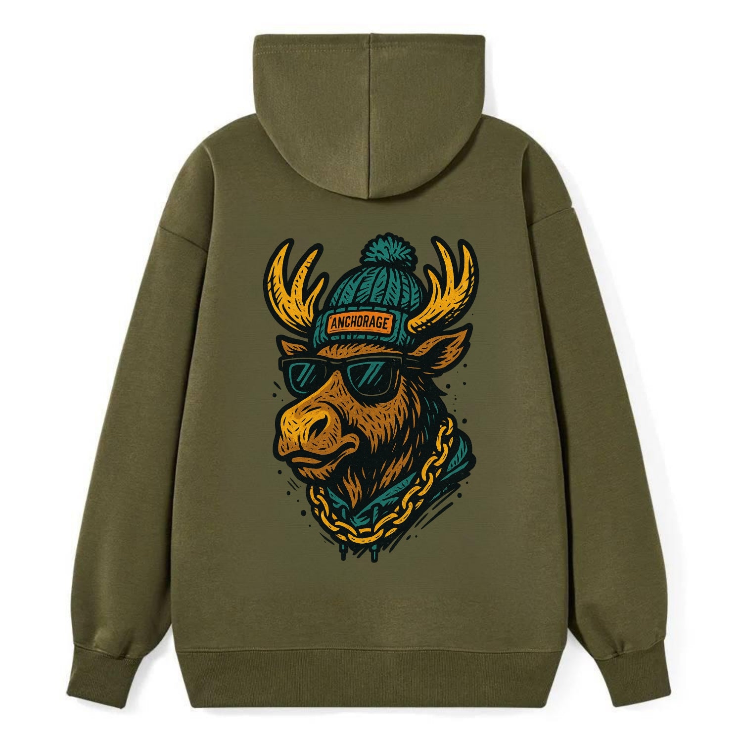 Alaska Moose wearing Anchorage beanie with pom pom and wayfarer sunglasses - Classic Pullover Hoodie - ArmyGreen