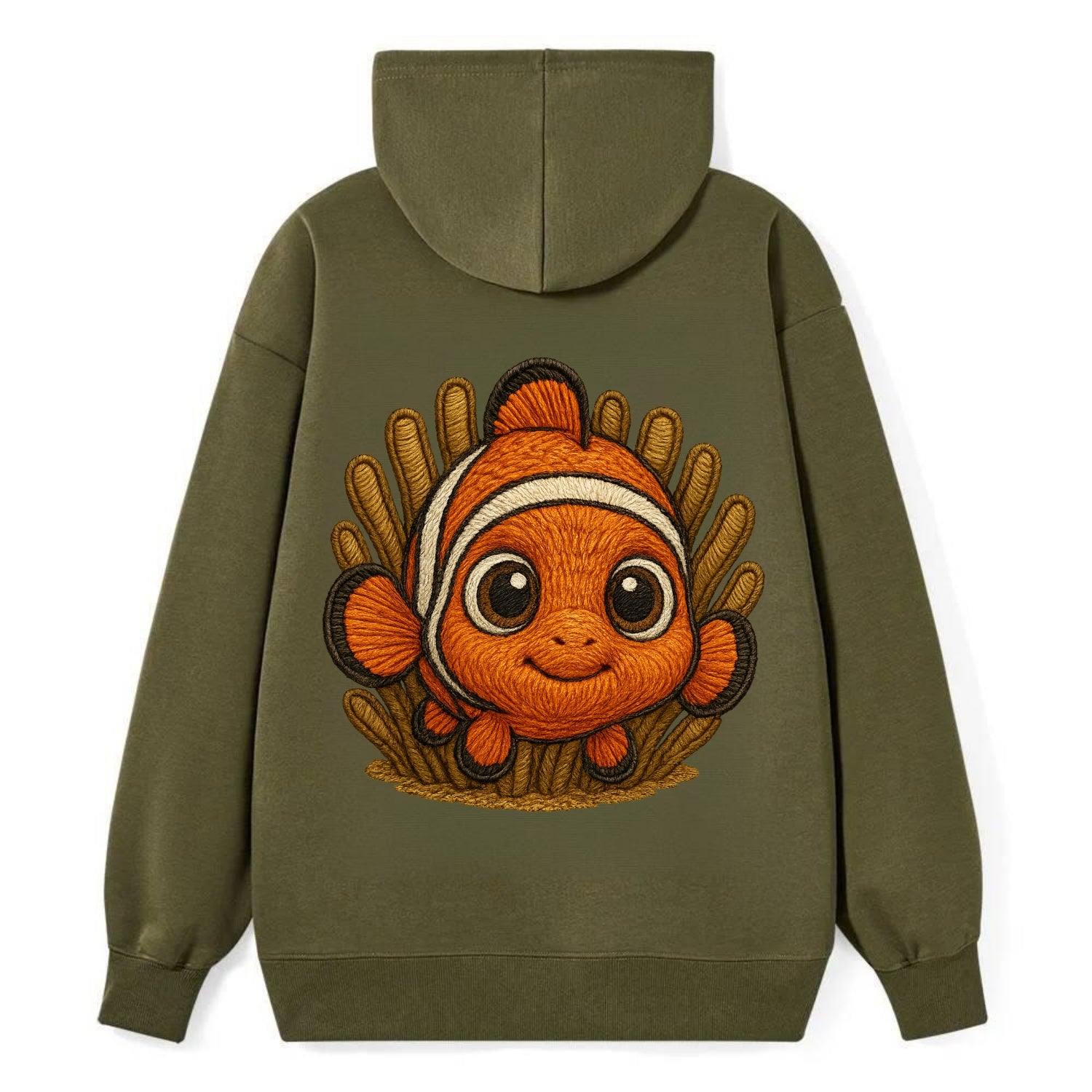 Baby Clownfish - orange with white stripes, big round eyes, front-facing - Classic Pullover Hoodie - ArmyGreen