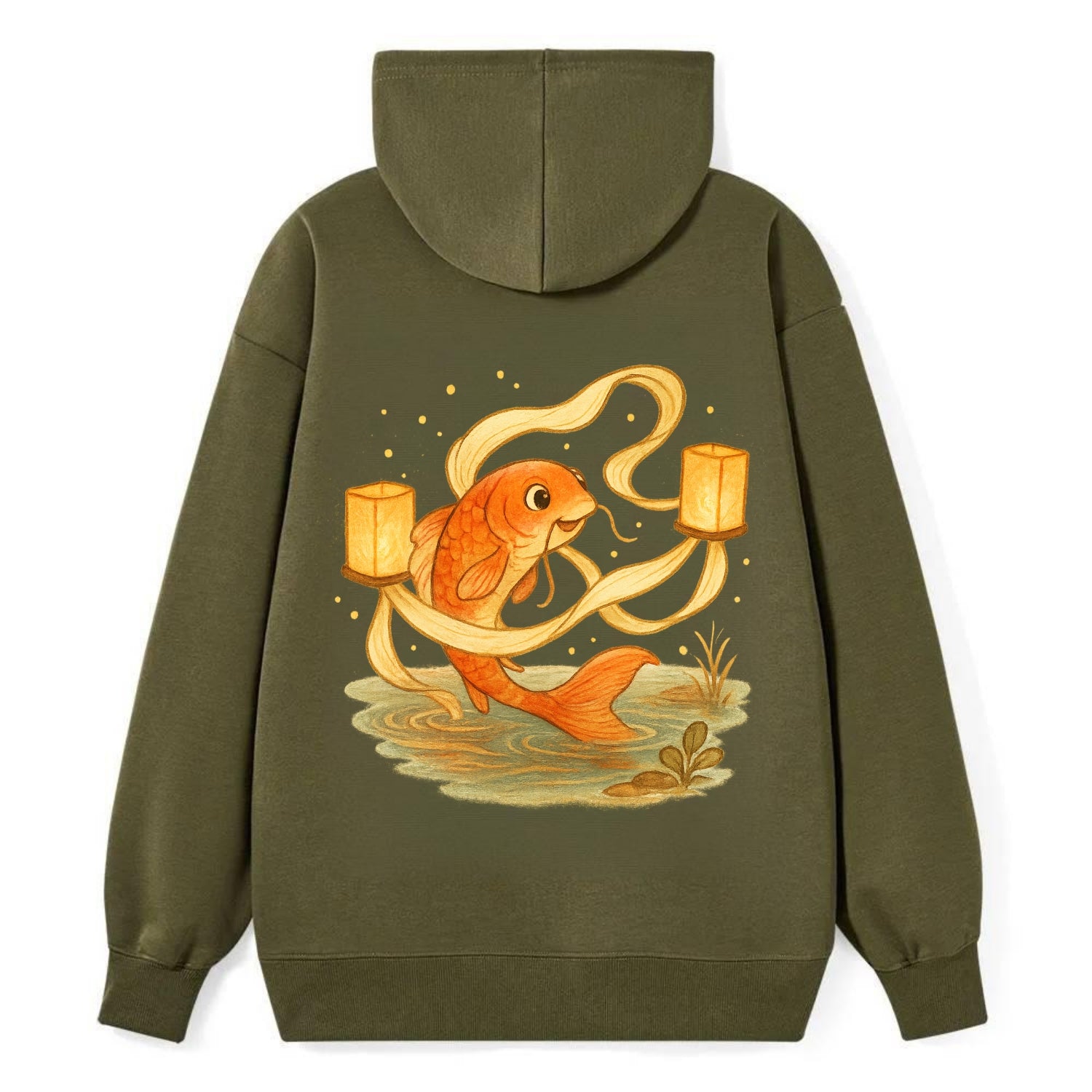 Koi weaving silk streamers through floating lanterns on tranquil water - Classic Pullover Hoodie - ArmyGreen