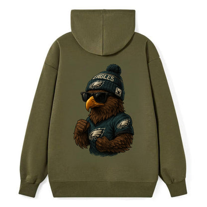 Philly Hawk wearing Eagles beanie with Rocky patch and wayfarer sunglasses - Classic Pullover Hoodie - ArmyGreen