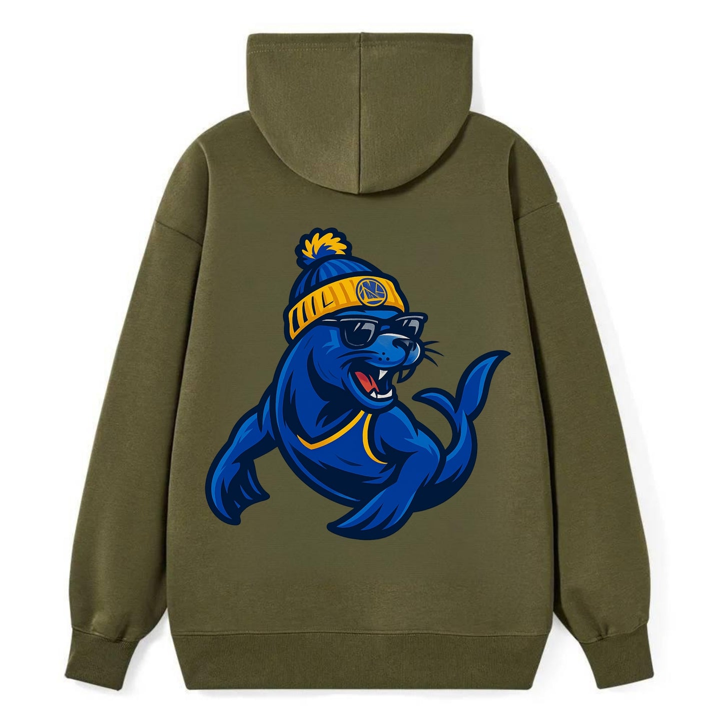 Bay Area Sea Lion wearing Warriors blue and gold beanie with Golden Gate - Classic Pullover Hoodie - ArmyGreen
